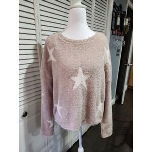 Blue Rain Francesca's Star Print Pullover Cozy Plush Top Beige- Medium